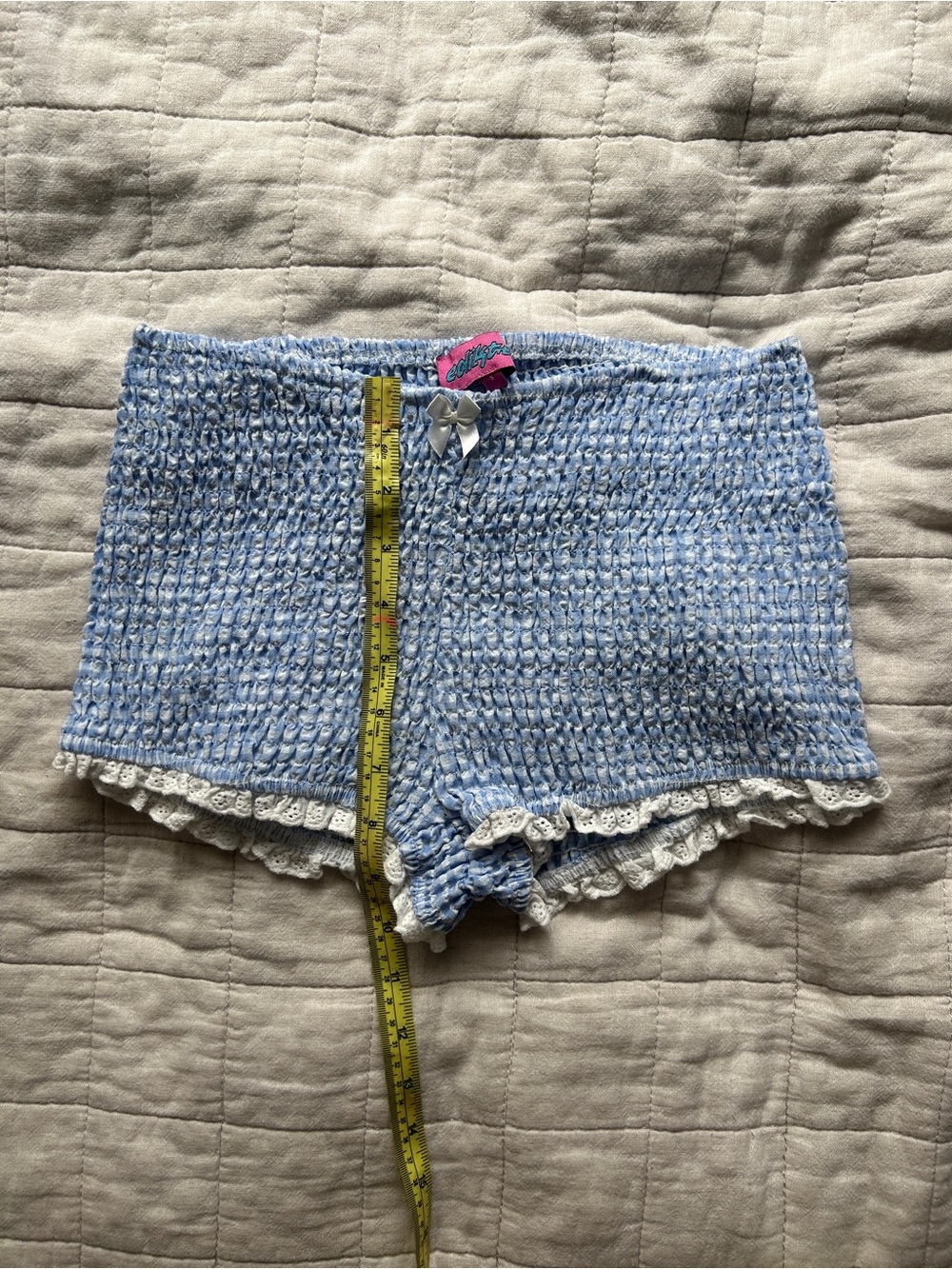 Edikted Light Blue Smocked Lounge Shorts with White Lace Trim